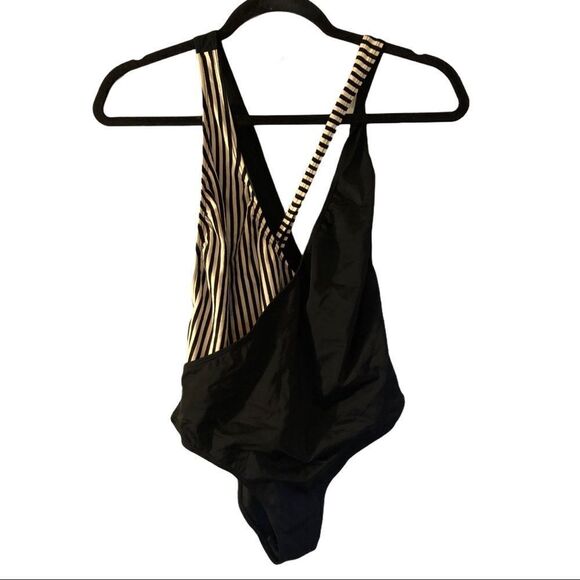 Topshop Swimsuit Womens 6 Black Striped Crossback Monochrome V Neck - Picture 3 of 6